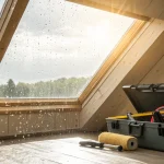 Tools and sealant ready for a temporary fix on a leaking skylight.