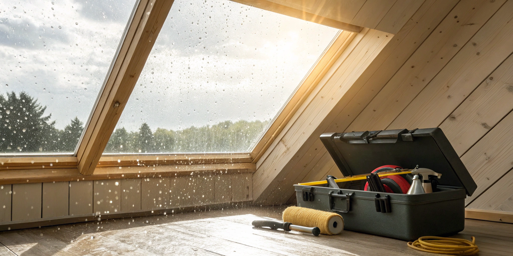 Tools and sealant ready for a temporary fix on a leaking skylight.