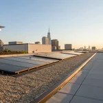 Commercial flat roofing with solar panels on a city building.