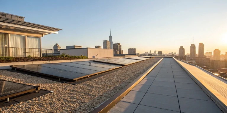 Commercial flat roofing with solar panels on a city building.