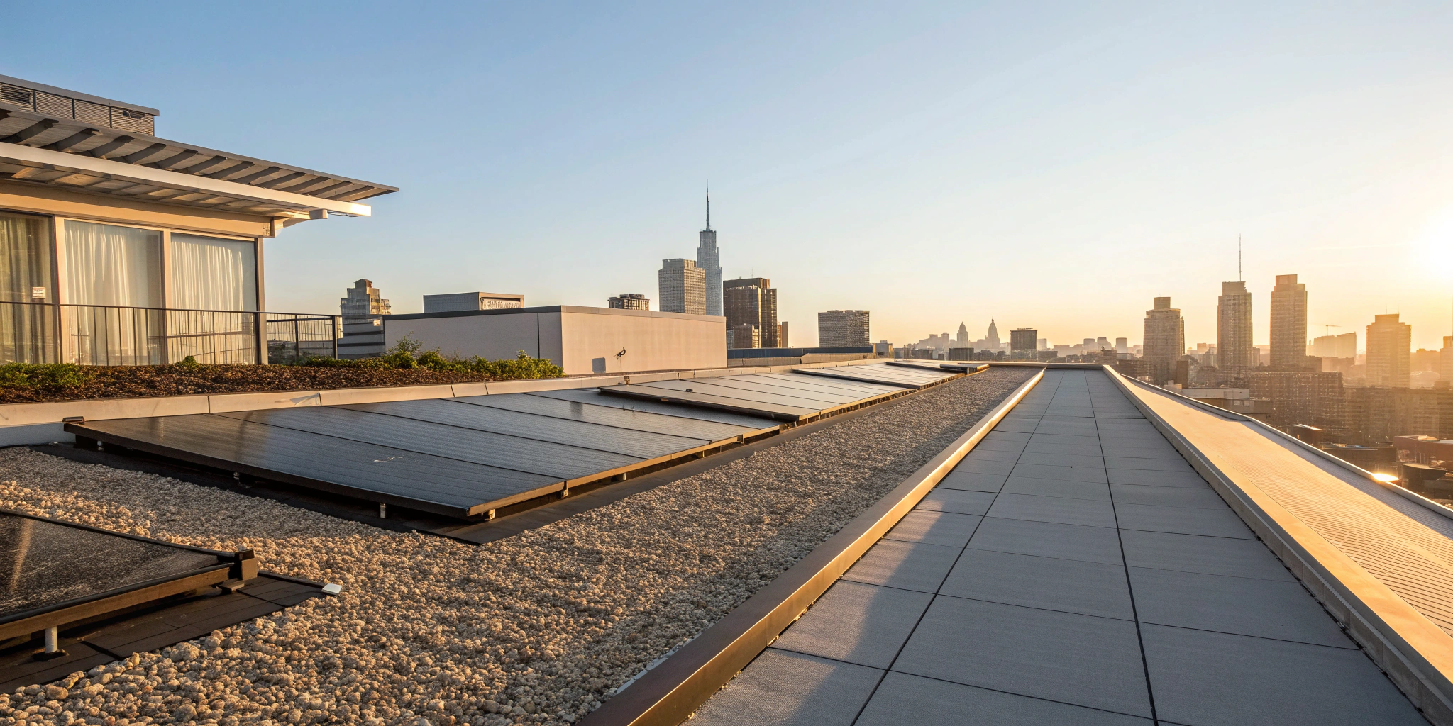 Commercial flat roofing with solar panels on a city building.