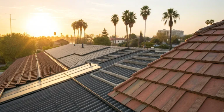 Different types of commercial roofing material on a large, flat-roofed building.