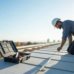 Roofer measuring a commercial flat roof to estimate the average replacement cost.