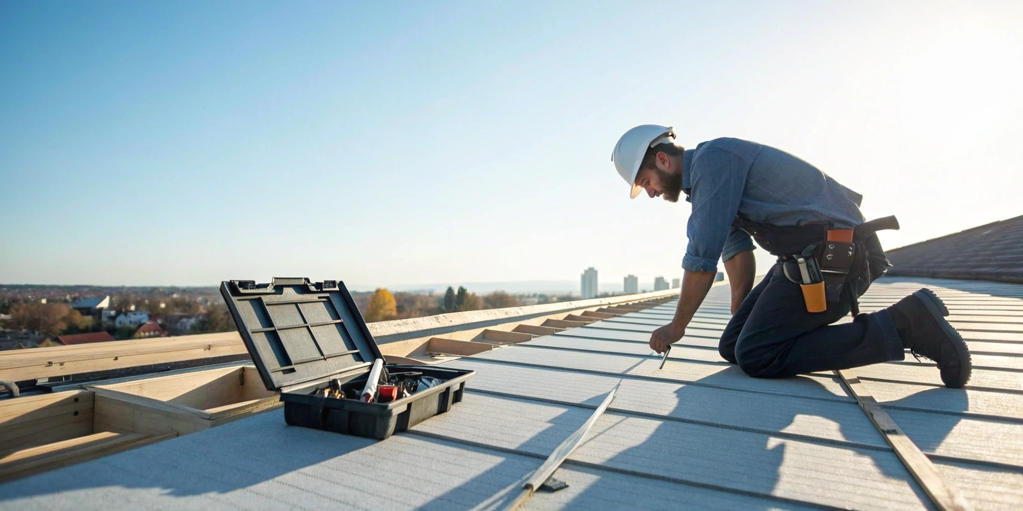 Roofer measuring a commercial flat roof to estimate the average replacement cost.