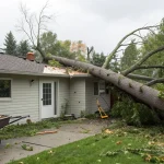 Large tree fallen on a house roof causing storm damage that may be covered by homeowners insurance.
