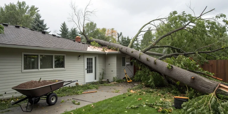 Large tree fallen on a house roof causing storm damage that may be covered by homeowners insurance.
