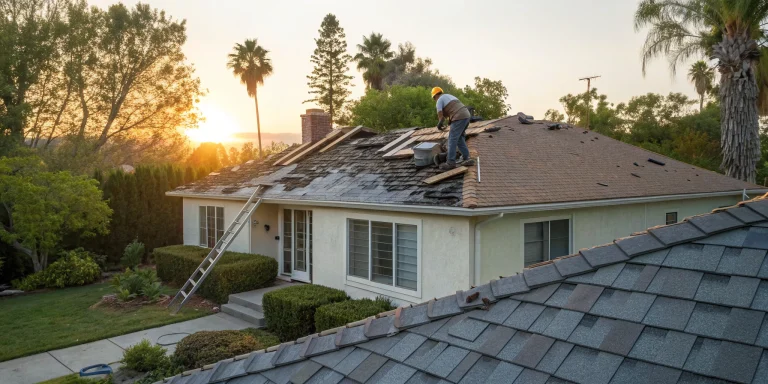 Workers replacing old shingles, a major factor in how much a new roof costs.