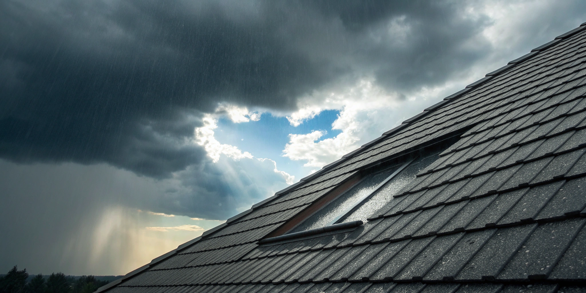 Roof with shingles damaged by a storm, in need of professional wind damage repair.