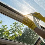 A person cleaning a leaking skylight before applying a temporary fix.