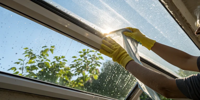A person cleaning a leaking skylight before applying a temporary fix.