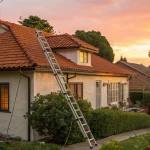A residential roof with a ladder, prompting questions about what a roof warranty covers.