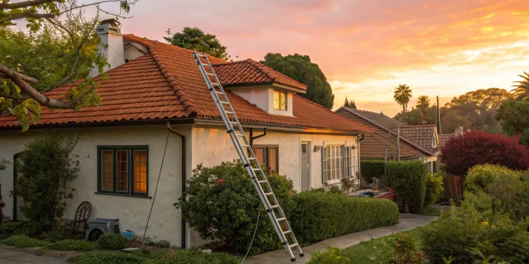 A residential roof with a ladder, prompting questions about what a roof warranty covers.