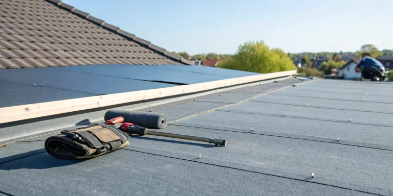 A flat roof with the best commercial roofing materials being installed.