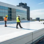 Contractors working on a commercial flat roof replacement, a job with a cost per square foot.