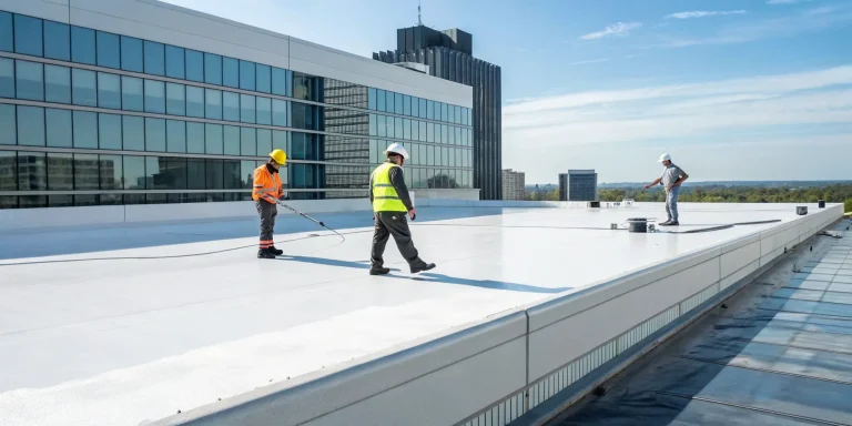 Contractors working on a commercial flat roof replacement, a job with a cost per square foot.