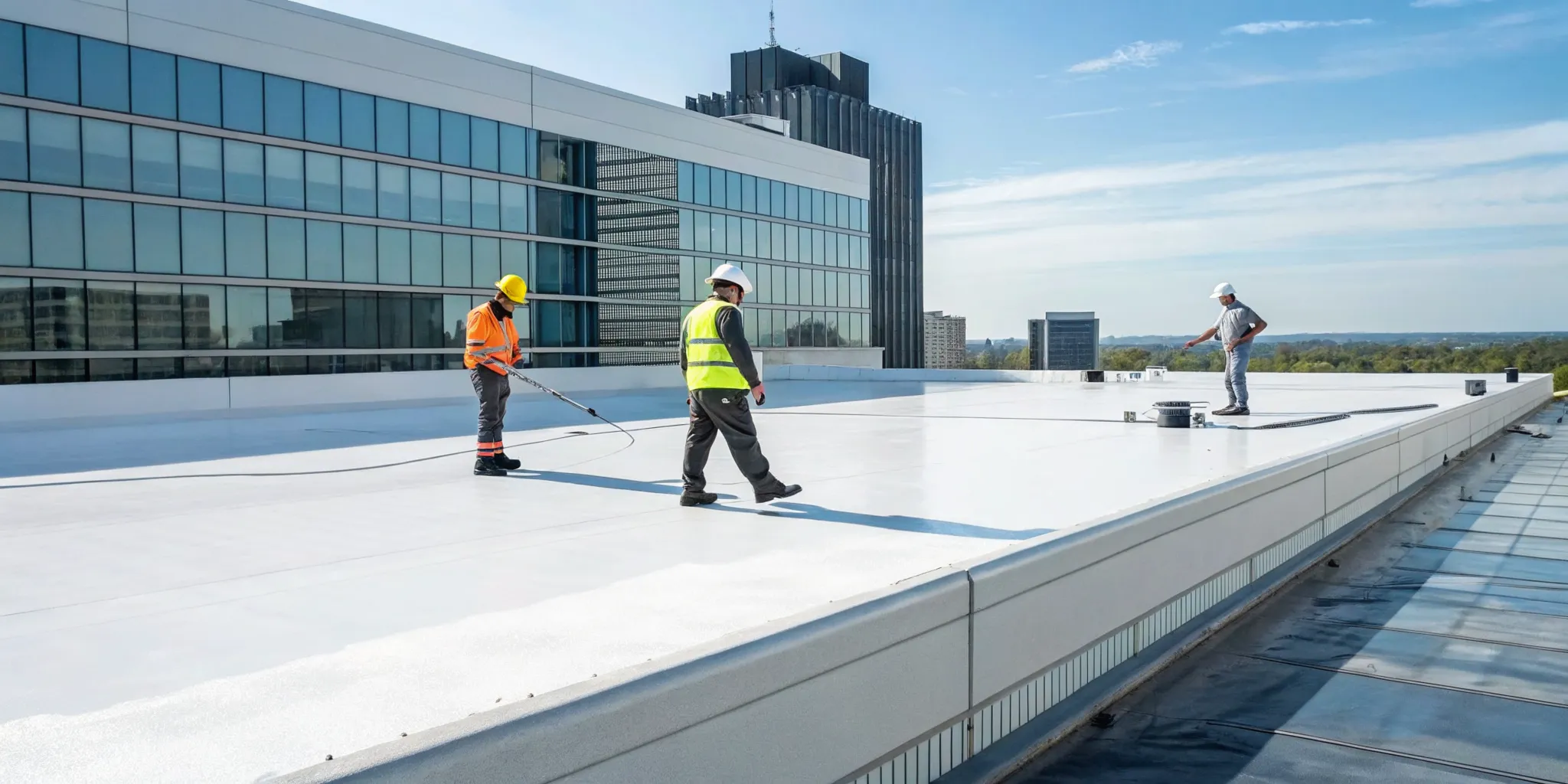 Contractors working on a commercial flat roof replacement, a job with a cost per square foot.