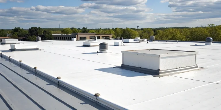 A commercial flat roof with a white membrane in need of professional repair.