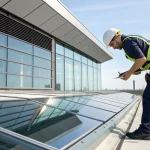 A professional conducting a commercial roof inspection for safety and maintenance.