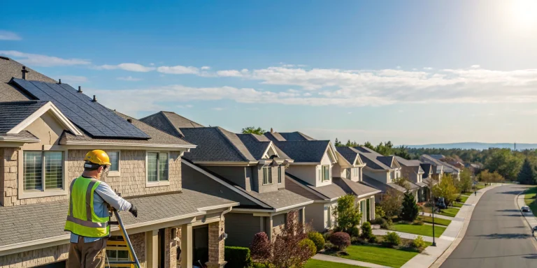 Roofer conducting a residential roof assessment.