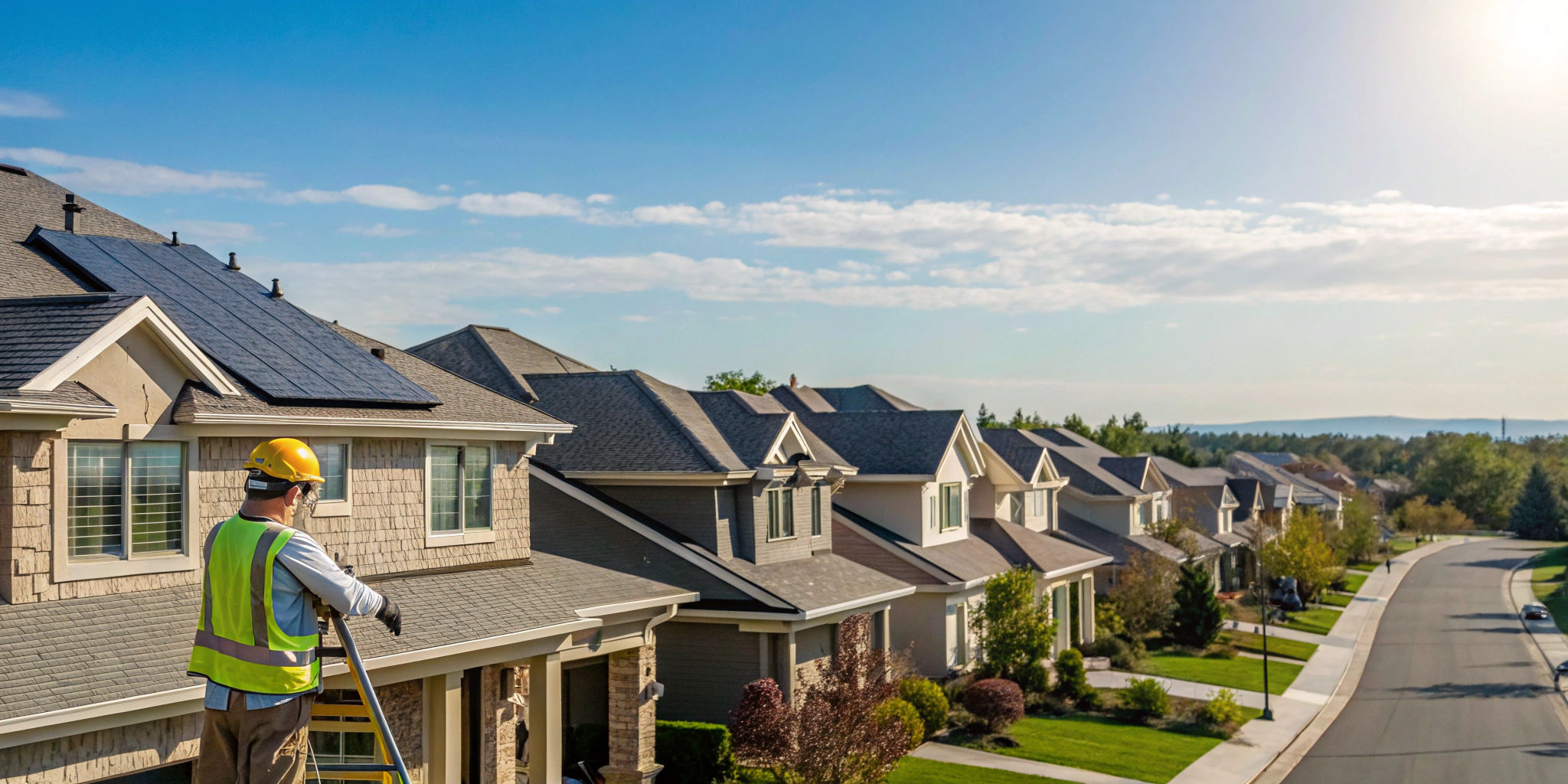 Roofer conducting a residential roof assessment.