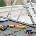 A certified roof leak repair specialist's tools and hard hat on a shingle roof.
