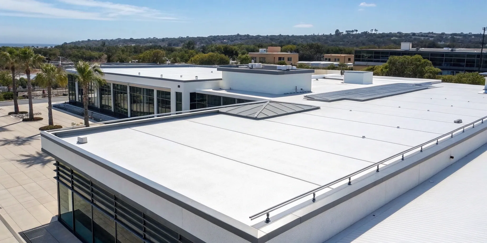 White commercial flat roof installed by a professional roofer in San Diego.