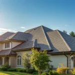 A modern home's new asphalt shingle roof protected by the best warranty.