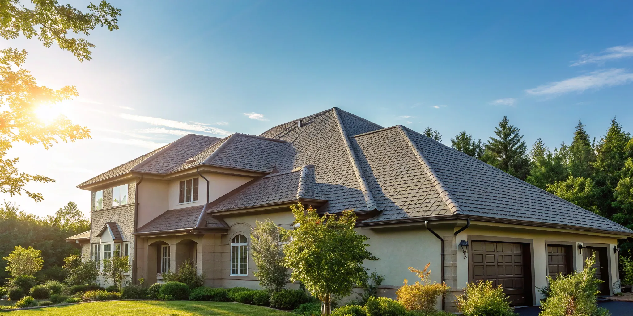 A modern home's new asphalt shingle roof protected by the best warranty.
