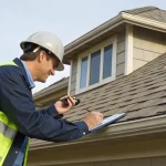Certified roof inspector in Orange County examining a residential roof with a clipboard and safety gear.