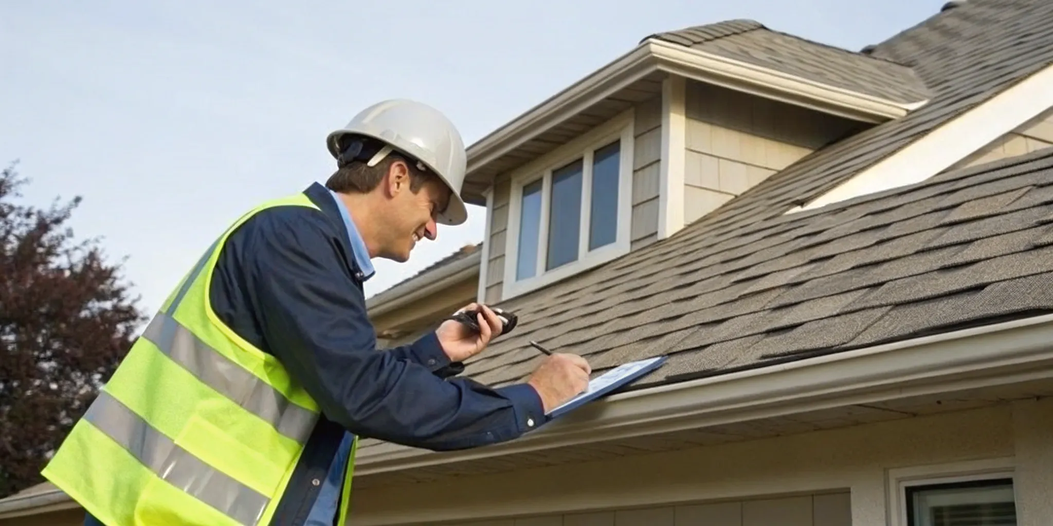 Certified roof inspector in Orange County examining a residential roof with a clipboard and safety gear.