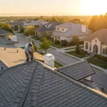 Roofer tearing off shingles, a key part of the average cost to replace a 1,200 sq ft roof.