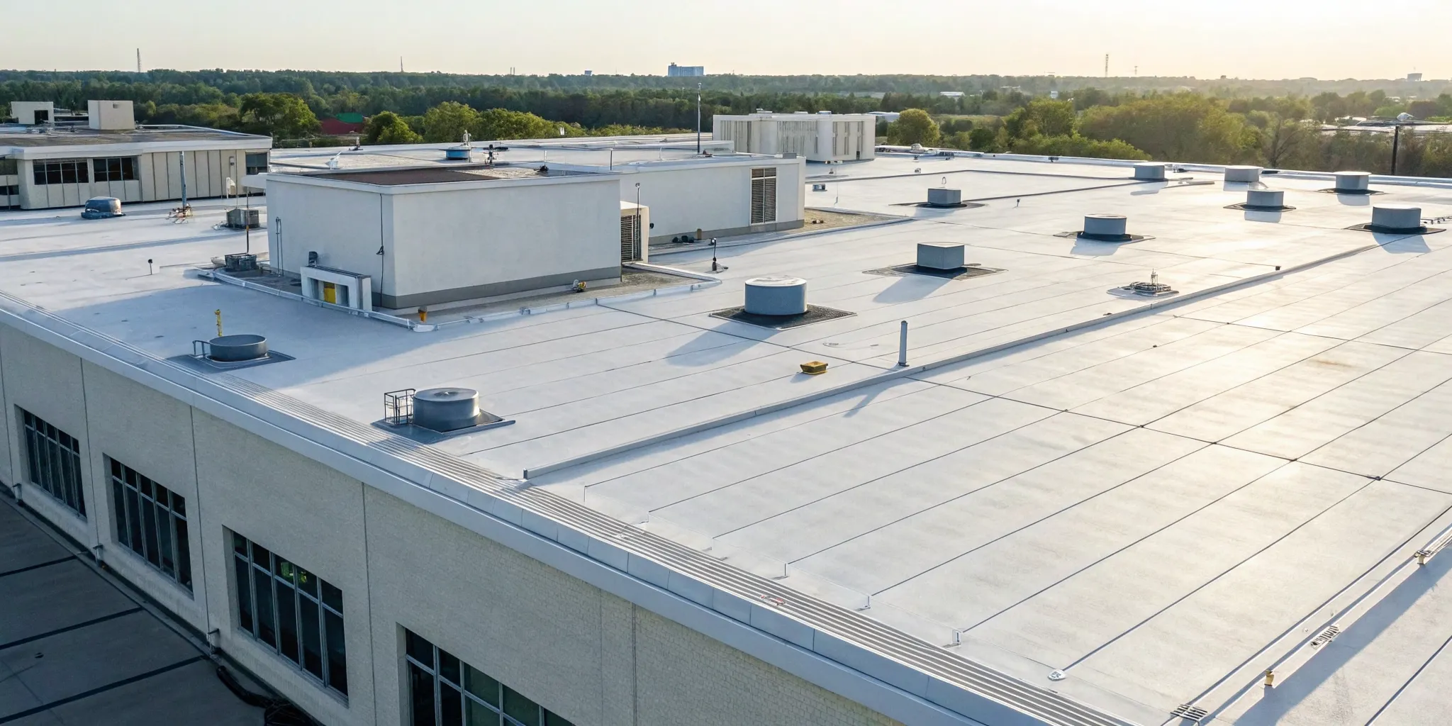 A commercial flat roof with vents and equipment, a common source of flat roof problems.