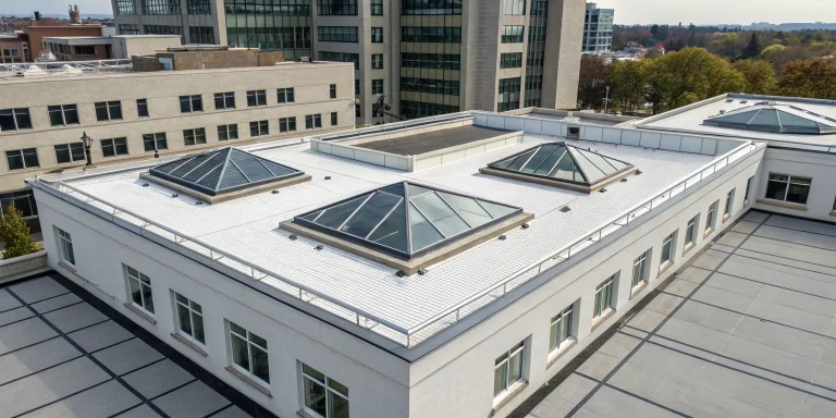 A flat roof with several pyramid skylights bringing natural light indoors.