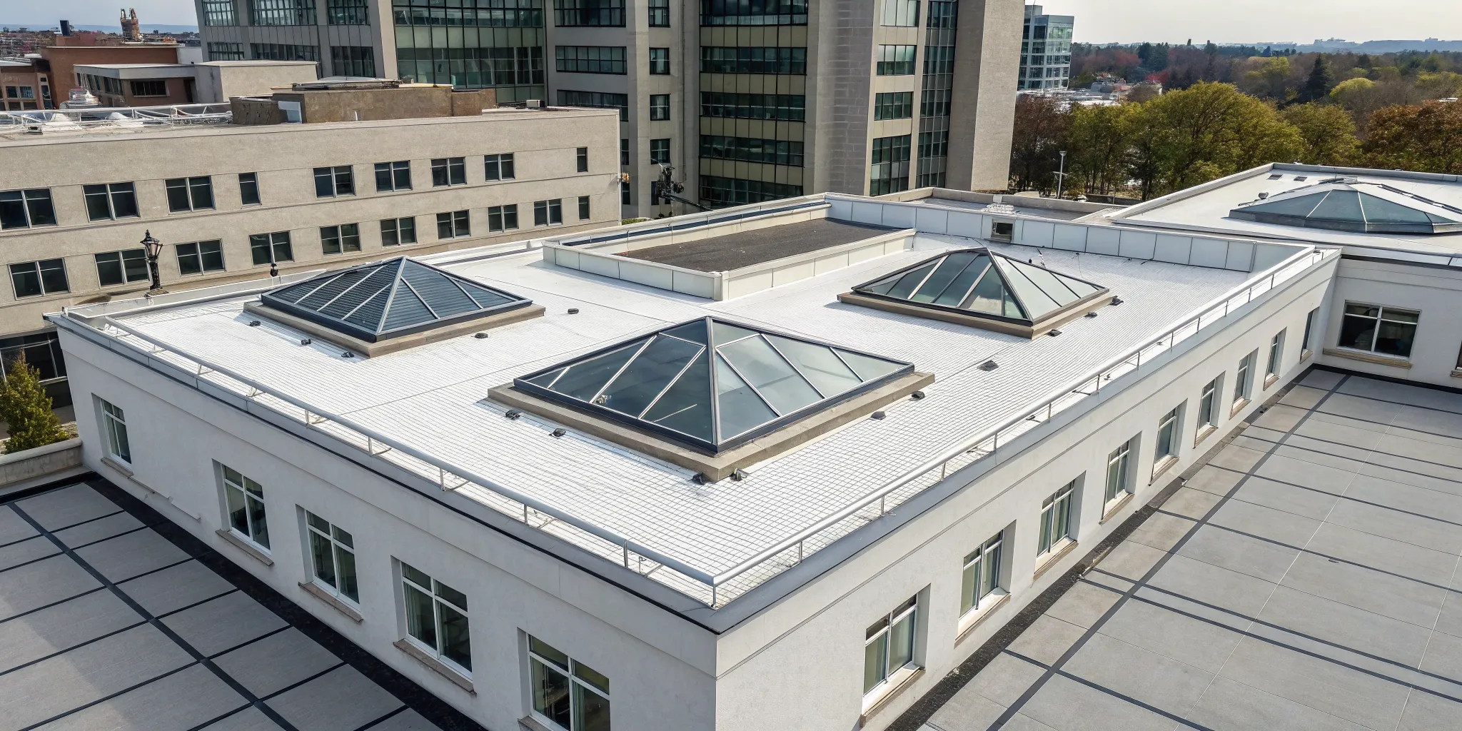 A flat roof with several pyramid skylights bringing natural light indoors.
