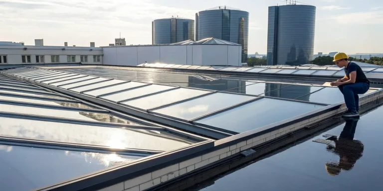 Professional inspecting a commercial roof for preventative maintenance.