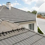 Professional roofer repairing a damaged concrete tile roof.