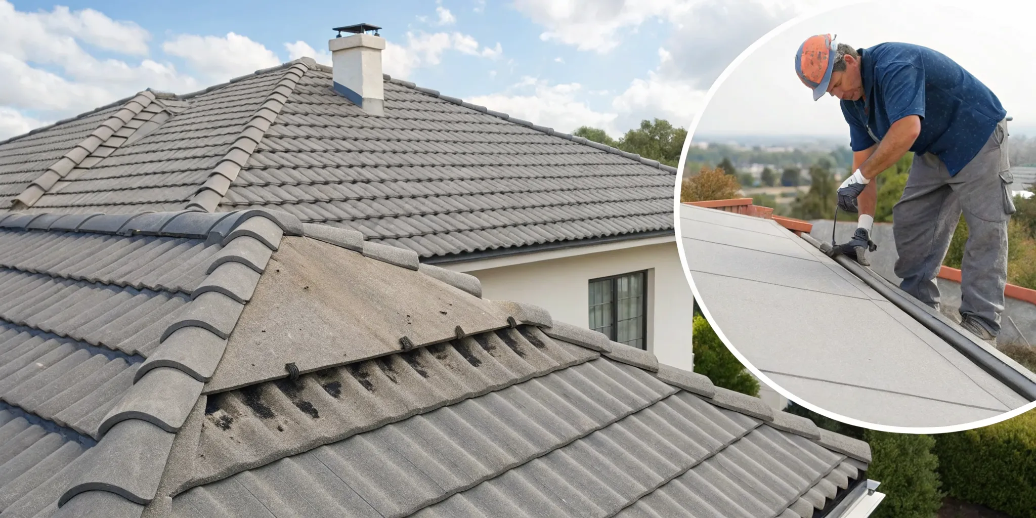 Professional roofer repairing a damaged concrete tile roof.