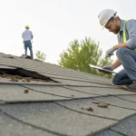Inspector calculating the cost to fix wind damaged roof shingles.