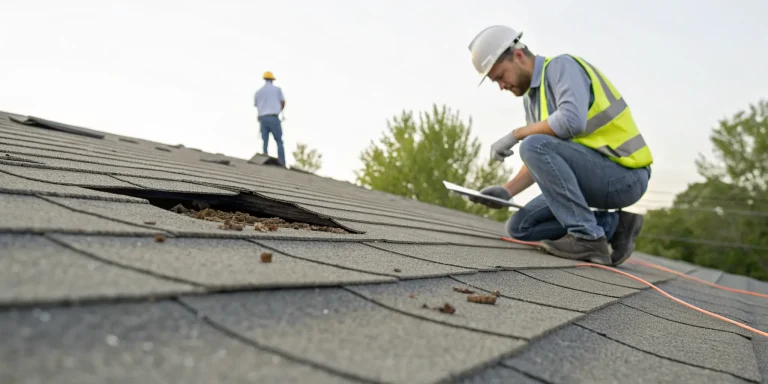 Inspector calculating the cost to fix wind damaged roof shingles.