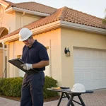 A contractor inspects a roof in Orange County to estimate the cost to replace it.