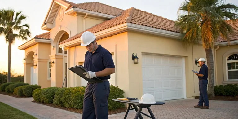 A contractor inspects a roof in Orange County to estimate the cost to replace it.
