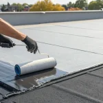 Applying a waterproof patch to a flat roof with a roller.