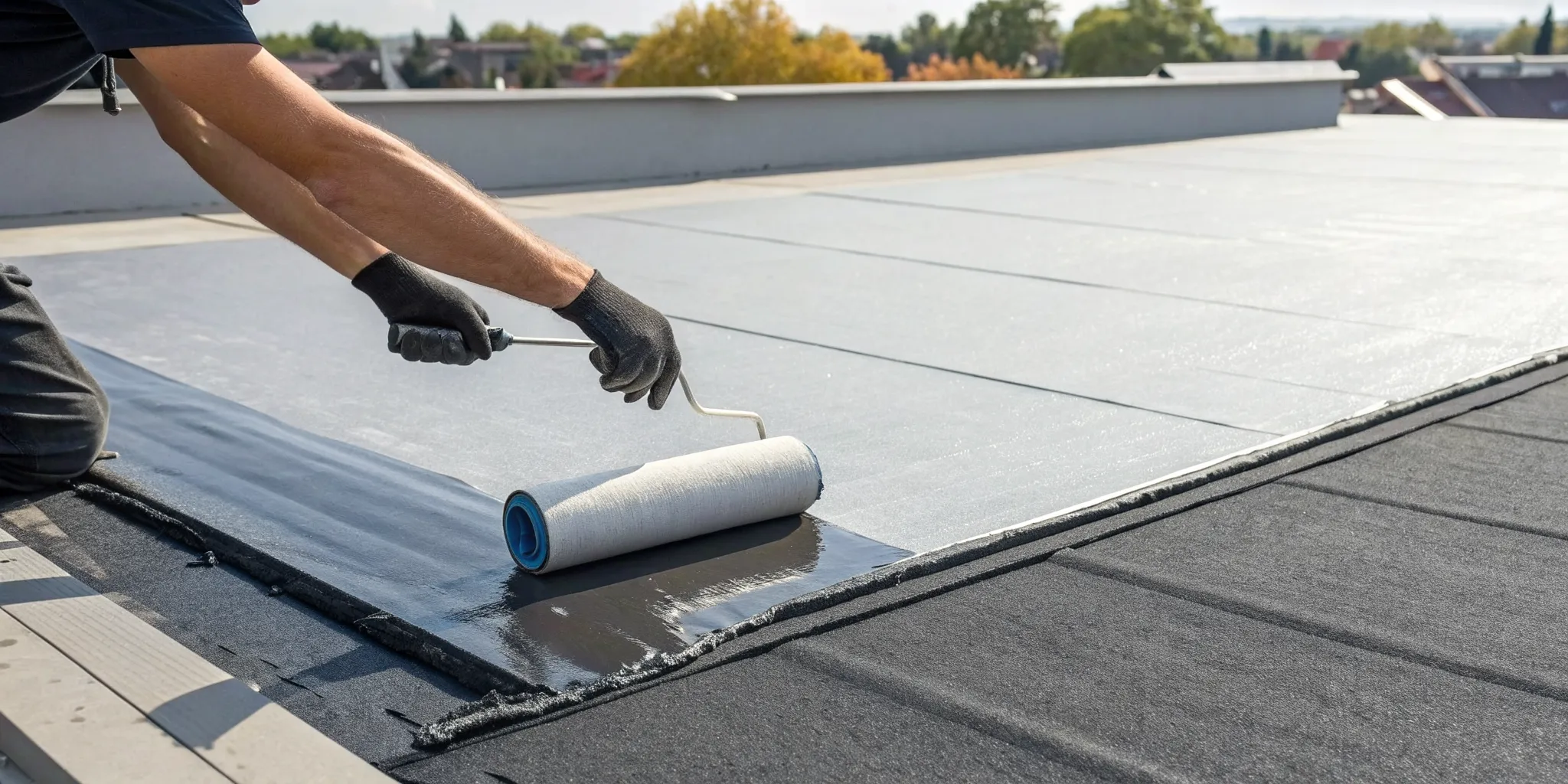 Applying a waterproof patch to a flat roof with a roller.