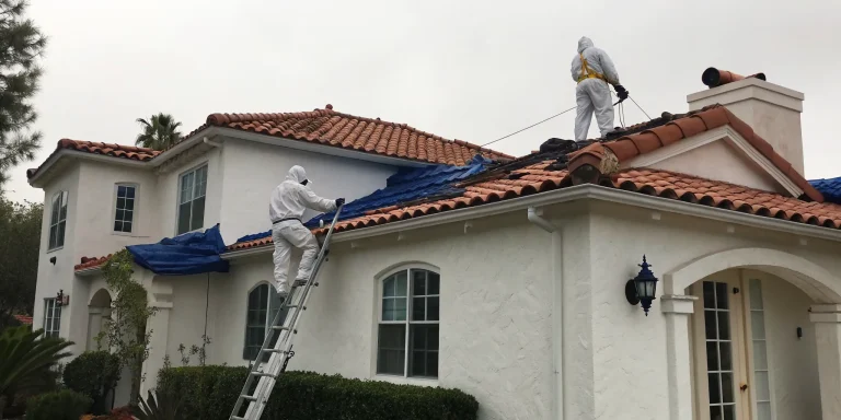 Workers performing an emergency roof leak repair in Southern California.