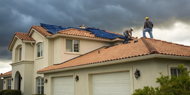 Roofers perform an emergency roof repair on a San Diego home under stormy skies.