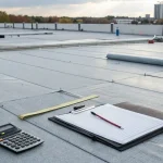 A calculator and tools on a flat roof to estimate a repair cost.