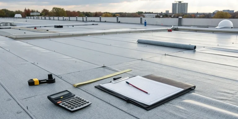 A calculator and tools on a flat roof to estimate a repair cost.