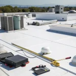 Commercial flat roof repair in progress on a building in California.