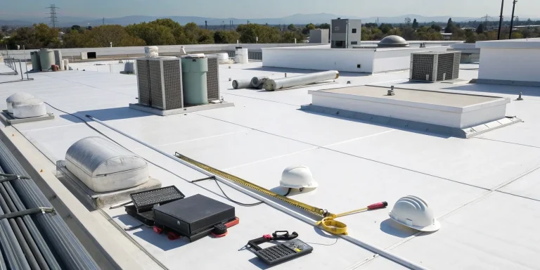 Commercial flat roof repair in progress on a building in California.