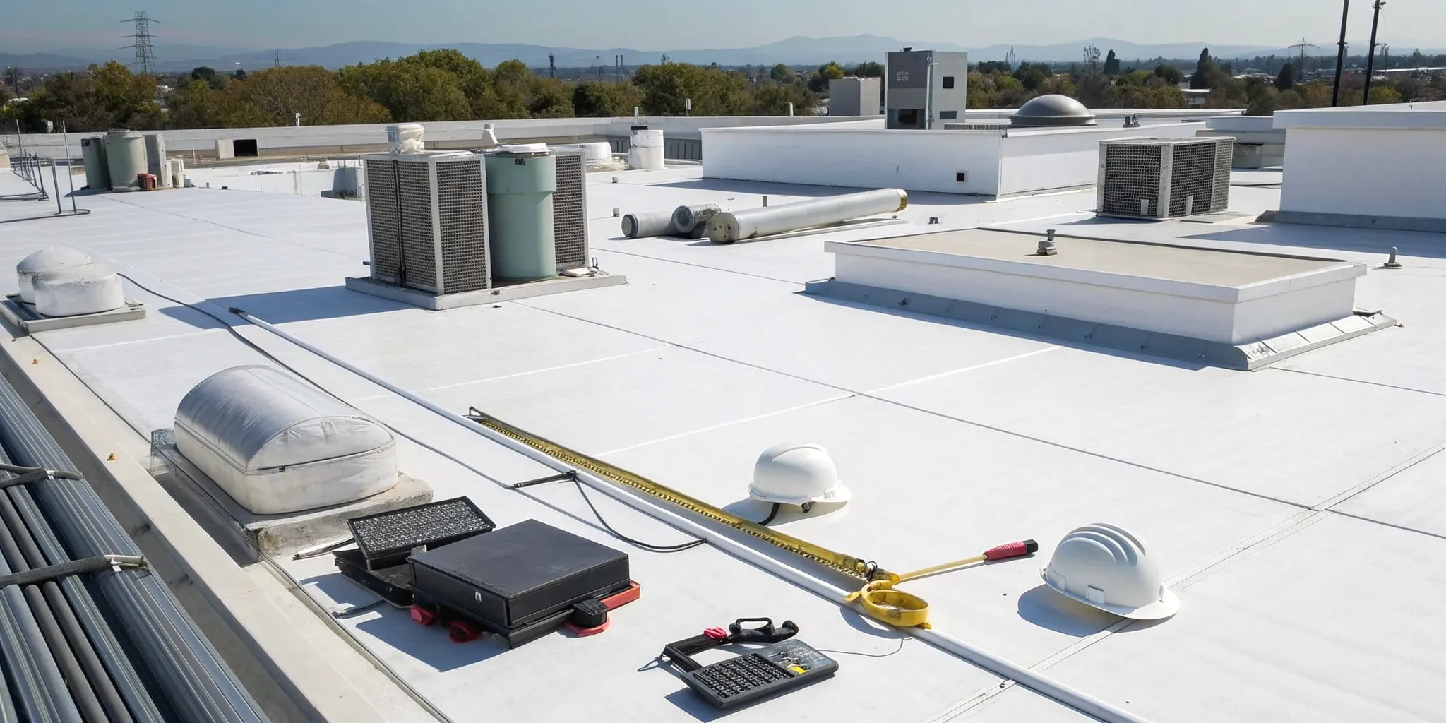 Commercial flat roof repair in progress on a building in California.